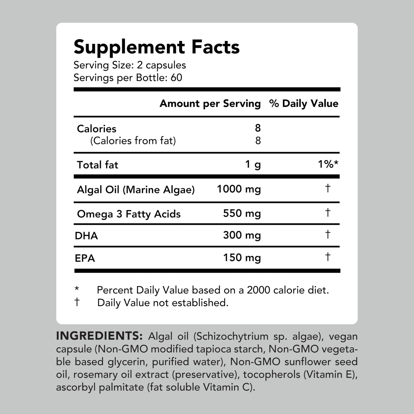 AMANDEAN Vegan Omega-3 Supplement – Algae DHA & EPA, Carrageenan-Free (120ct)