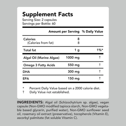 AMANDEAN Vegan Omega-3 Supplement – Algae DHA & EPA, Carrageenan-Free (120ct)