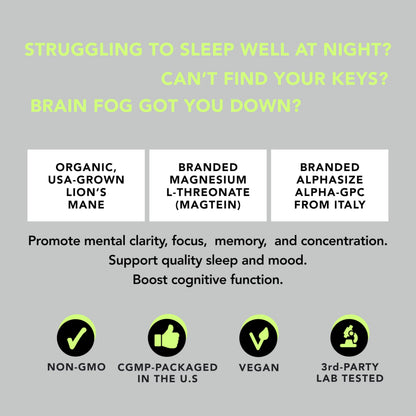 AMANDEAN Brain Supplement | Nootropic for Memory, Focus & Clarity | Magtein, Lion's Mane, Alpha GPC | 90 Veggie Capsules