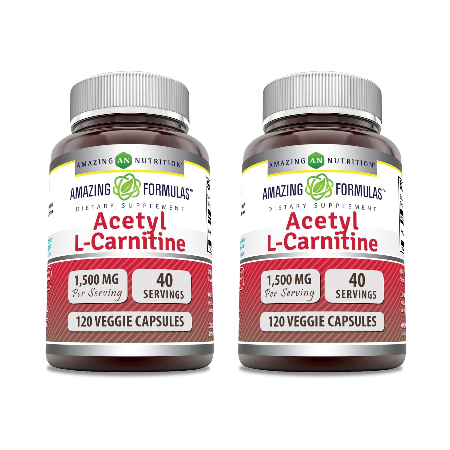 Amazing Formulas Acetyl L-Carnitine HCl 1500 mg Veggie Capsules – Non-GMO, Gluten Free, Made in USA | Vegetarian | Pack of 2 (120 Count)