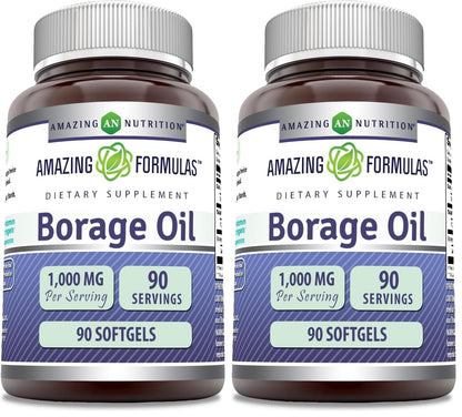 Amazing Formulas Borage Oil Supplement - 2000 mg per Serving | 2-Pack (90 Count) Softgels | Non-GMO, Gluten-Free | Made in USA