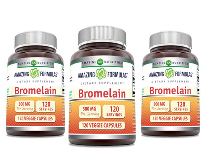 Amazing Formulas Bromelain Supplement – 500 mg (2400 GDU) – 3 Pack, 120 Veggie Capsules – Non-GMO, Gluten Free, Made in USA