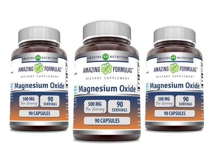 Magnesium Oxide 500 mg Capsules - Amazing Formulas | Non-GMO, Gluten Free, Made in USA (90 Count, 3 Pack)