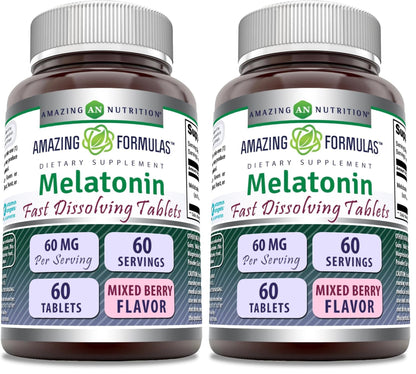 Melatonin Fast Dissolving Supplement 60 mg – Mixed Berry | 60 Tablets | Non-GMO, Gluten Free | Made in USA (Pack of 2) | Amazing Formulas