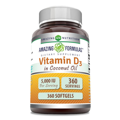 Amazing Formulas Vitamin D3 5000 IU in Coconut Oil – 360 Softgels – Non-GMO, Gluten-Free, Made in USA
