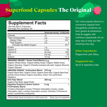 Amazing Grass Greens Blend Superfood Capsules – 150 Count, Organic Spirulina & Probiotics