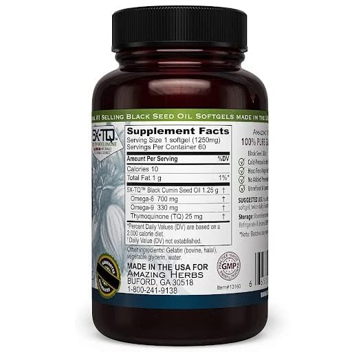 Amazing Herbs Premium Black Seed Oil Capsules – High Potency 1250mg, 60 Count | Immune Support & Digestive Health