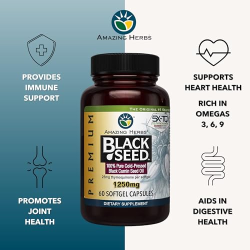 Amazing Herbs Premium Black Seed Oil Capsules – High Potency 1250mg, 60 Count | Immune Support & Digestive Health