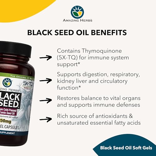 Amazing Herbs Premium Black Seed Oil Capsules – High Potency 1250mg, 60 Count | Immune Support & Digestive Health