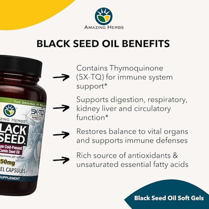 Amazing Herbs Premium Black Seed Oil Capsules – High Potency 1250mg, 60 Count | Immune Support & Digestive Health