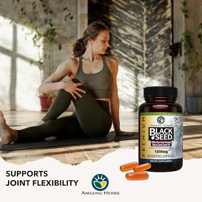 Amazing Herbs Premium Black Seed Oil Capsules – High Potency 1250mg, 60 Count | Immune Support & Digestive Health