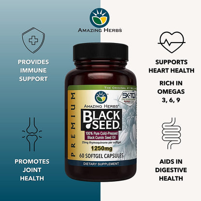 Amazing Herbs Premium Black Seed Oil Capsules - 1250mg, Cold-Pressed Nigella Sativa | Pack of 2 (60 Count Each)