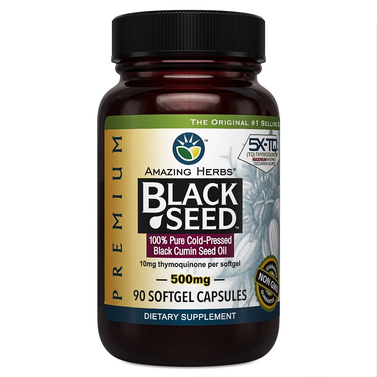 Amazing Herbs Premium Black Seed Oil Capsules - Cold Pressed Nigella Sativa Aids in Digestive Health, Immune Support, Brain Function, Gluten Free, Non GMO - 90 Count, 500mg