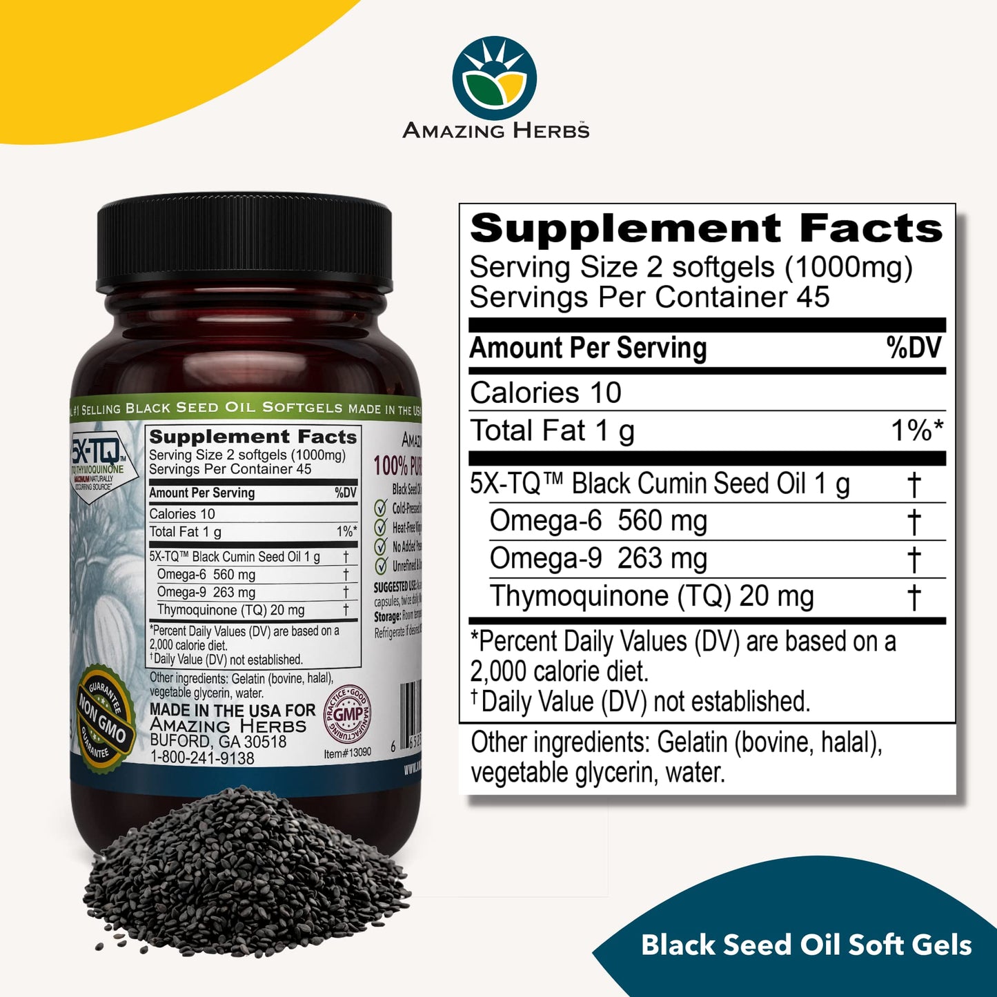 Amazing Herbs Premium Black Seed Oil Capsules - Cold Pressed Nigella Sativa Aids in Digestive Health, Immune Support, Brain Function, Gluten Free, Non GMO - 90 Count, 500mg