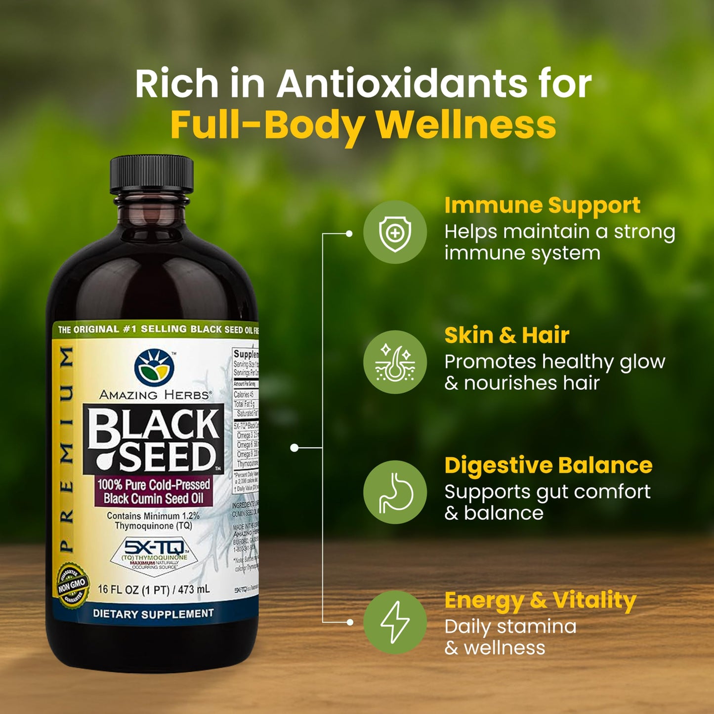 Amazing Herbs Premium Black Seed Oil – Cold-Pressed Nigella Sativa for Digestive Health, Immune Support, Brain Function, and Joint Mobility | 16 Fl Oz
