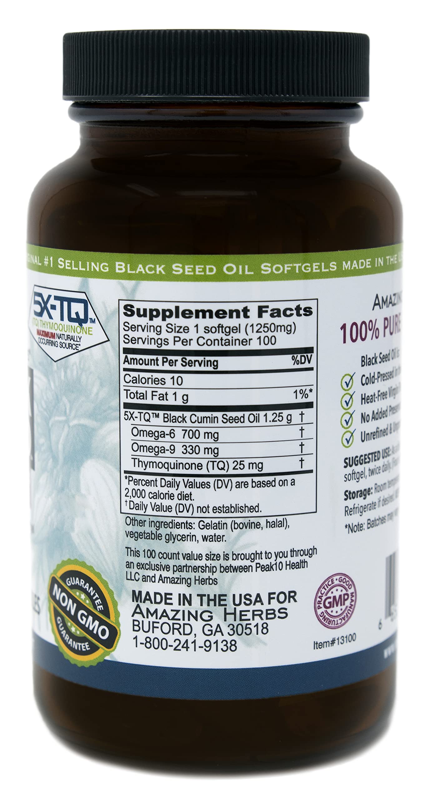Amazing Herbs Black Seed Oil Pills 1250mg | 100 Softgel Capsules | Cold-Pressed, Non-GMO