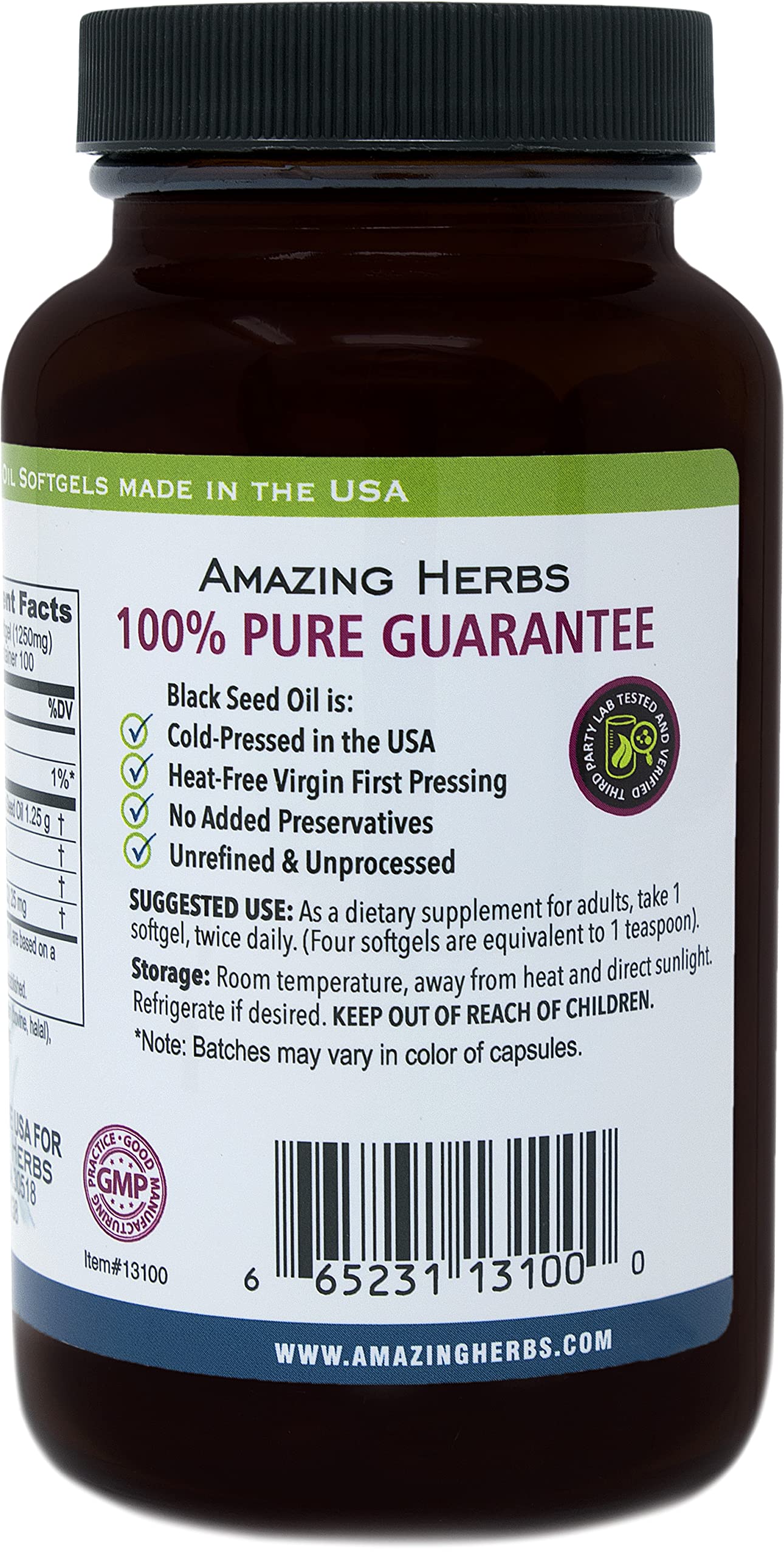 Amazing Herbs Black Seed Oil Pills 1250mg | 100 Softgel Capsules | Cold-Pressed, Non-GMO