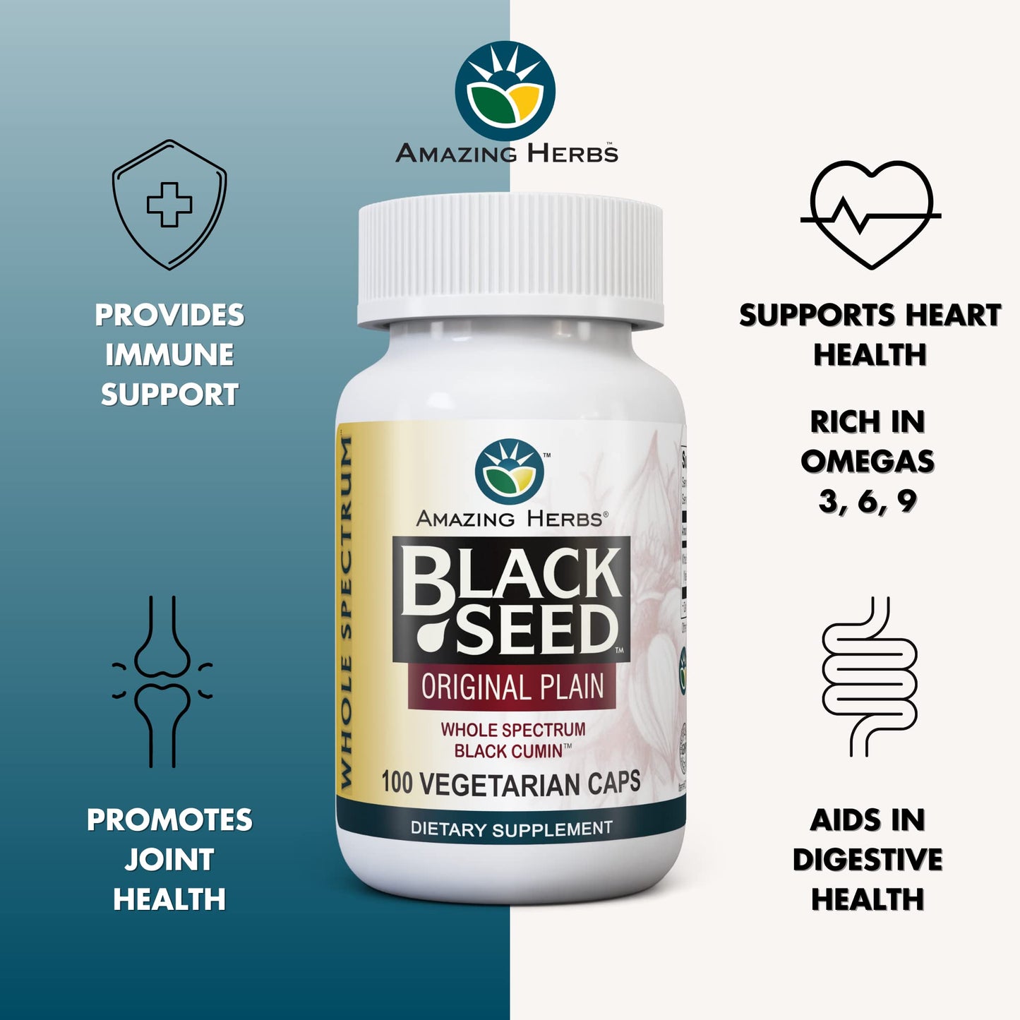 Amazing Herbs Whole Spectrum Black Seed Original Plain - 100 Count, 475mg | Vegan