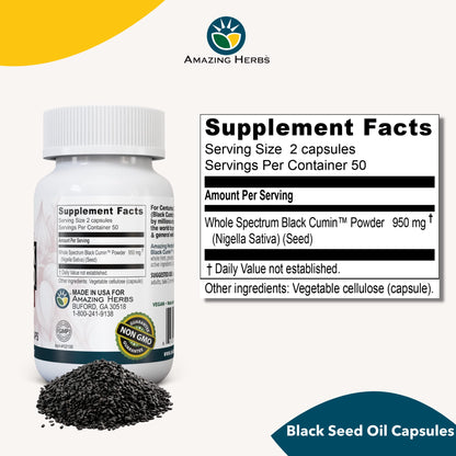 Amazing Herbs Whole Spectrum Black Seed Original Plain - 100 Count, 475mg | Vegan
