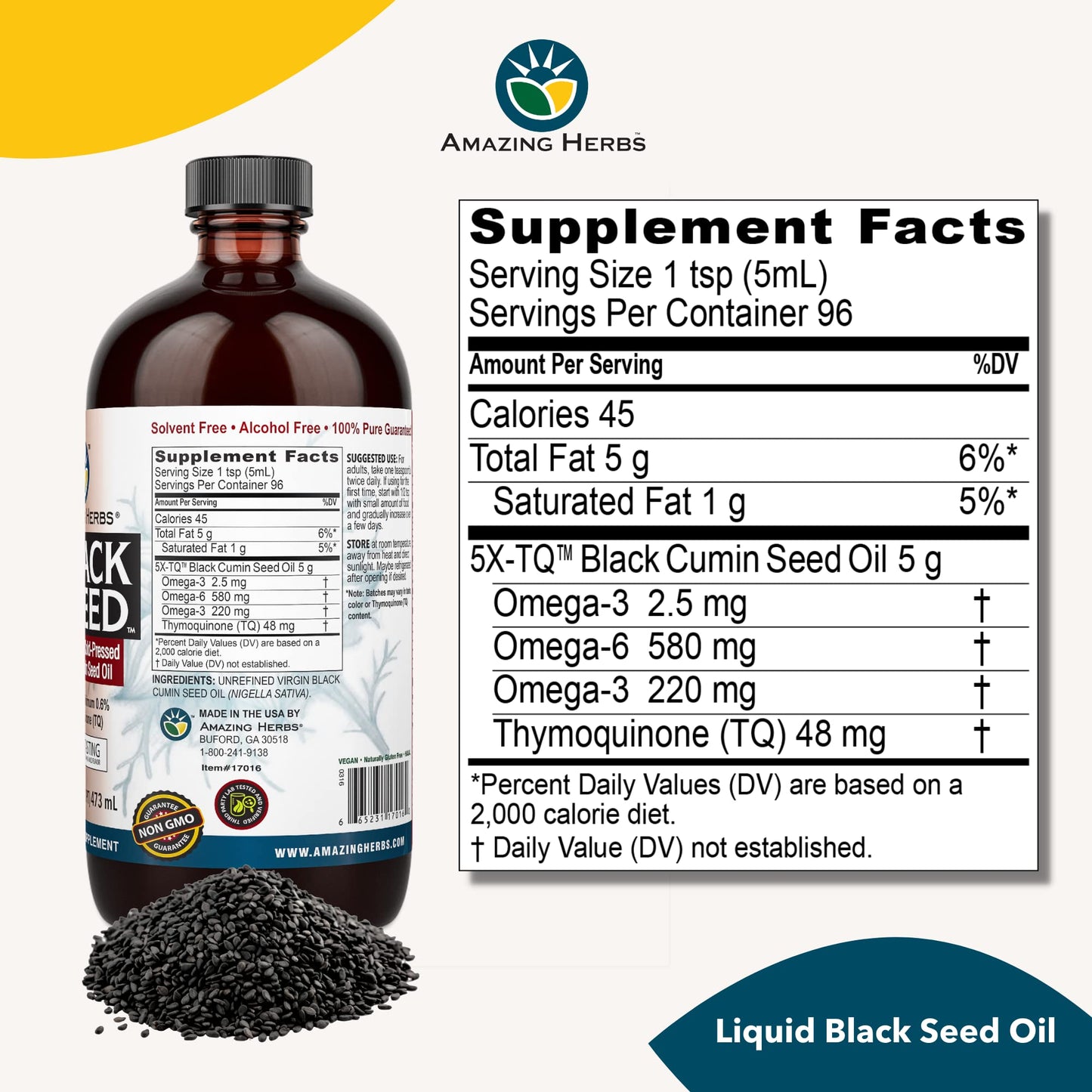 Amazing Herbs Egyptian Black Seed Oil - Gluten Free, Non-GMO, Cold-Pressed Nigella Sativa 16 oz