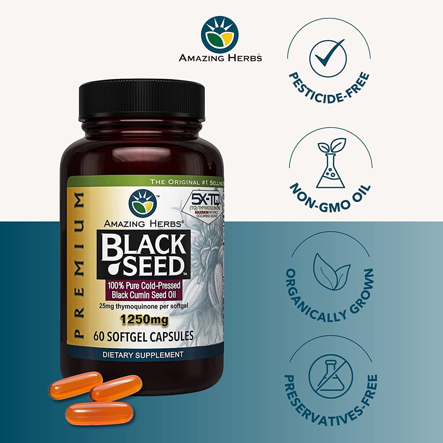 Amazing Herbs Premium Black Seed Oil Capsules - 1250mg, Cold-Pressed Nigella Sativa | Pack of 2 (60 Count Each)