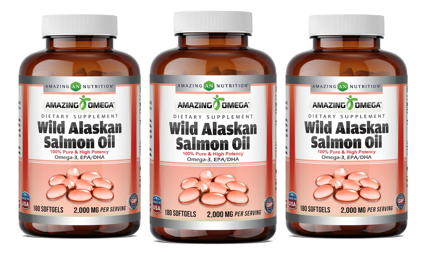 Amazing Omega Wild Alaskan Salmon Oil 2000 mg | Softgels | Non-GMO & Gluten-Free | Made in USA