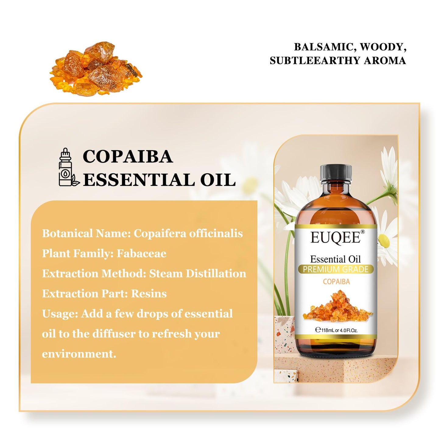 EUQEE Copaiba Essential Oil 118 ml | Pure Copaiba Oil with Dropper