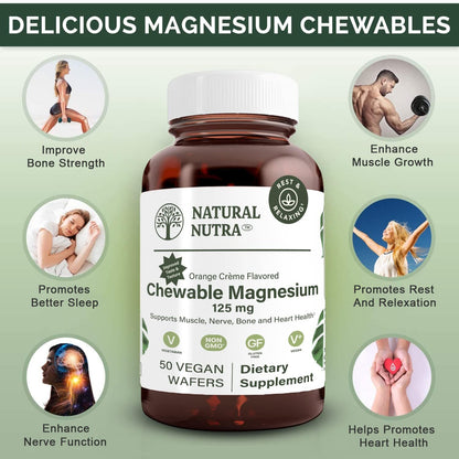 Natural Nutra Magnesium Chewable 125mg – 50 Vegan Wafers for Sleep, Muscle, Nerve, Bone & Heart Health