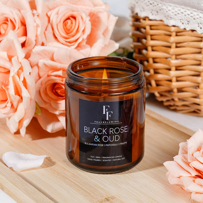 Black Rose & Oud Scented Candles – 7oz Soy Wax Jar | Aromatherapy Gift for Women & Men