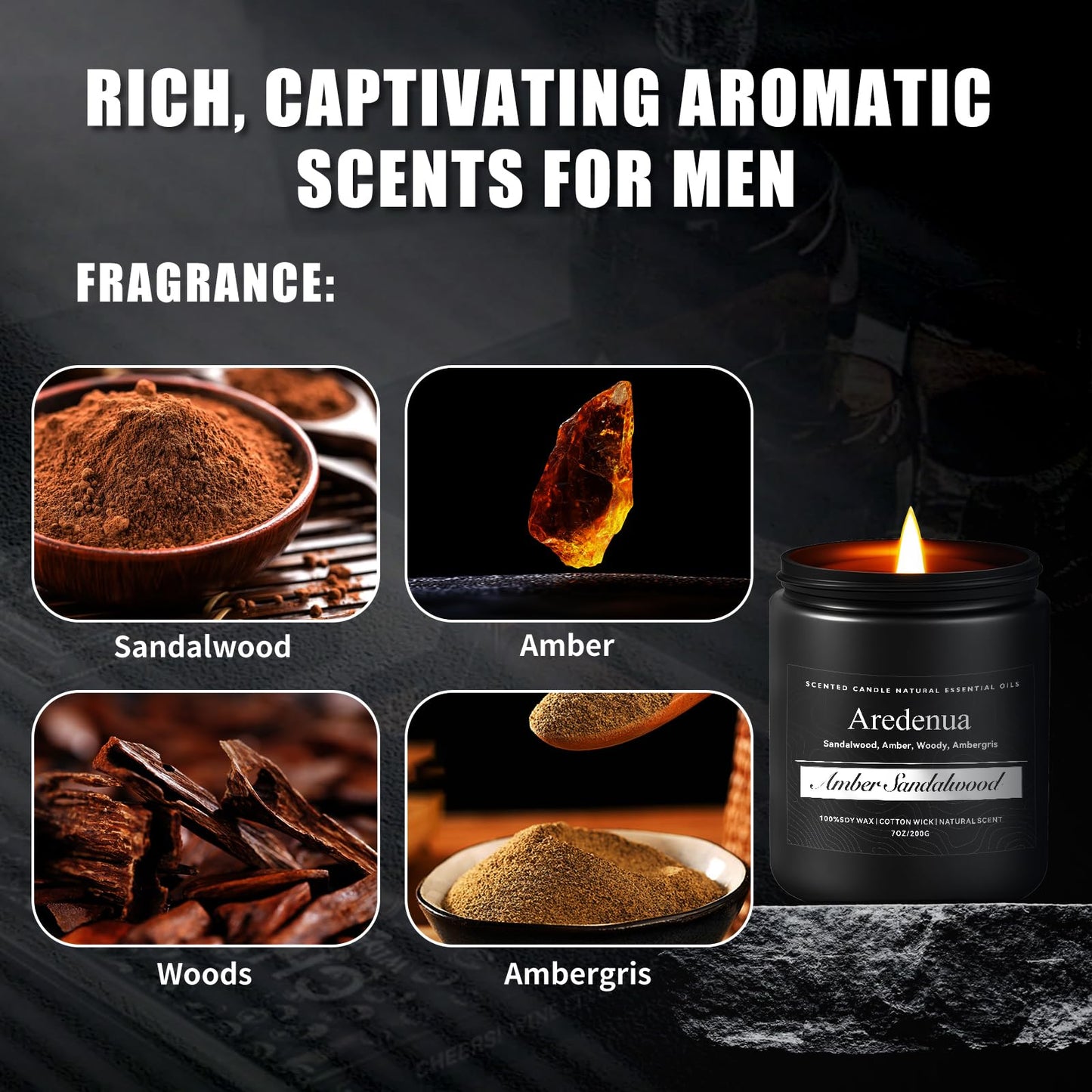 Amber Sandalwood Candle – Masculine 7oz Soy Candle for Relaxation & Aromatherapy Gift