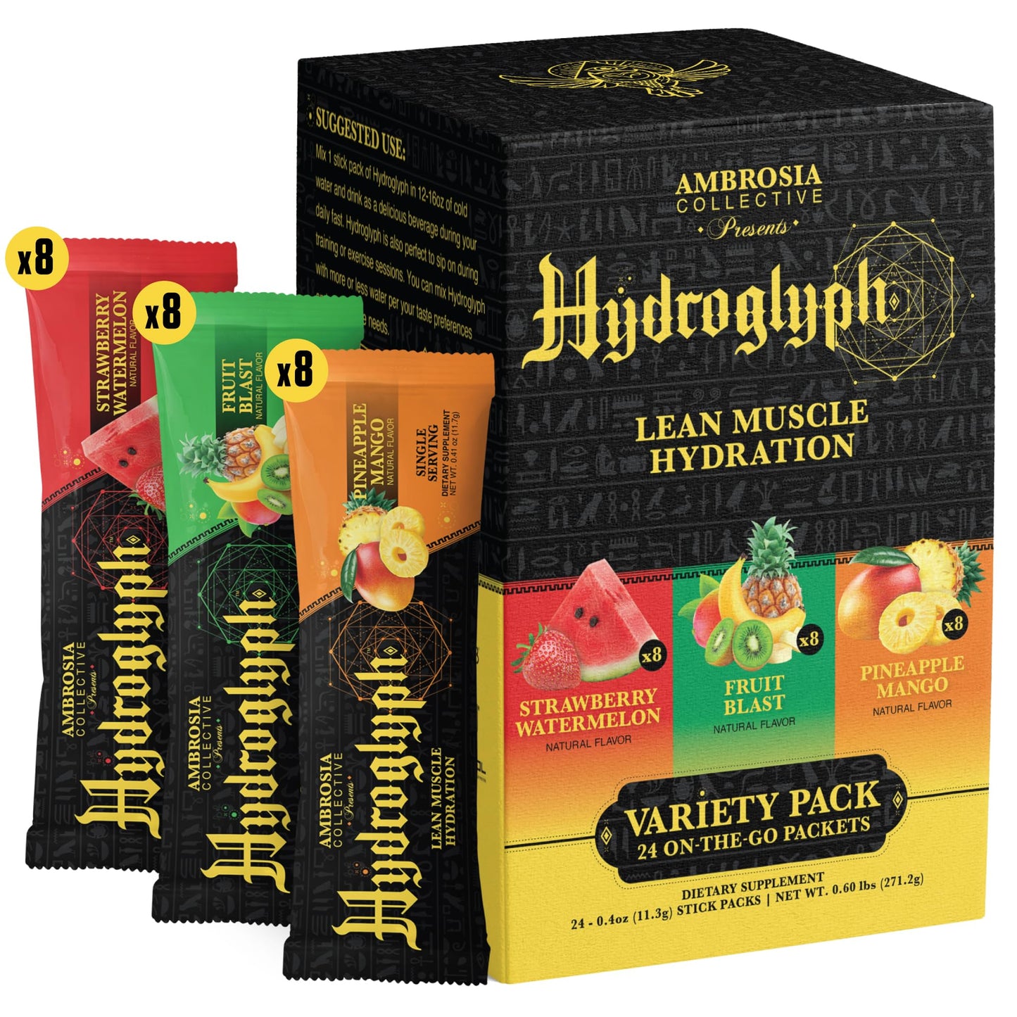 Ambrosia Hydroglyph Intraworkout Electrolytes | Sugar Free Hydration Powder with Amino Acids – 30 Servings Variety Pack