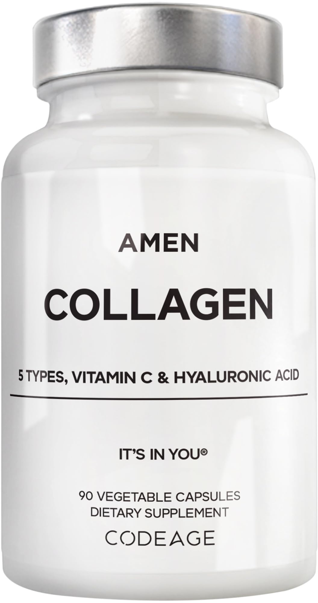 Amen Multi Collagen Peptides Capsules | 5 Types I-II-III-V-X + Hyaluronic Acid & Vitamin C | Grass-Fed, 90 Capsules