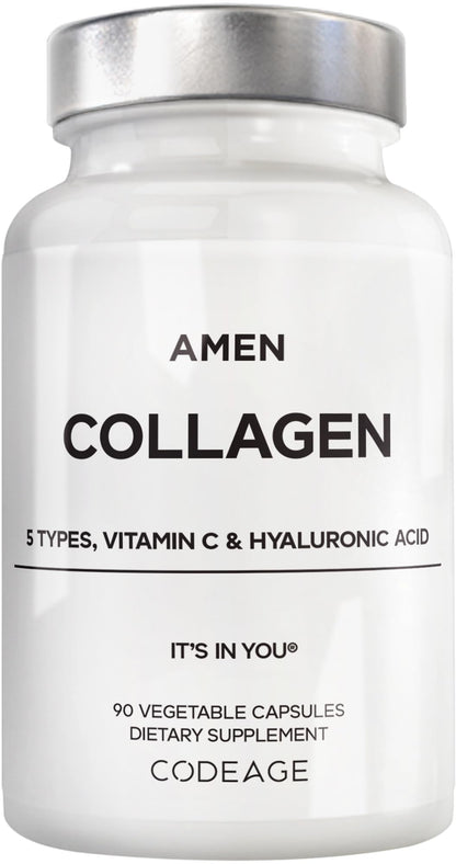 Amen Multi Collagen Peptides Capsules | 5 Types I-II-III-V-X + Hyaluronic Acid & Vitamin C | Grass-Fed, 90 Capsules