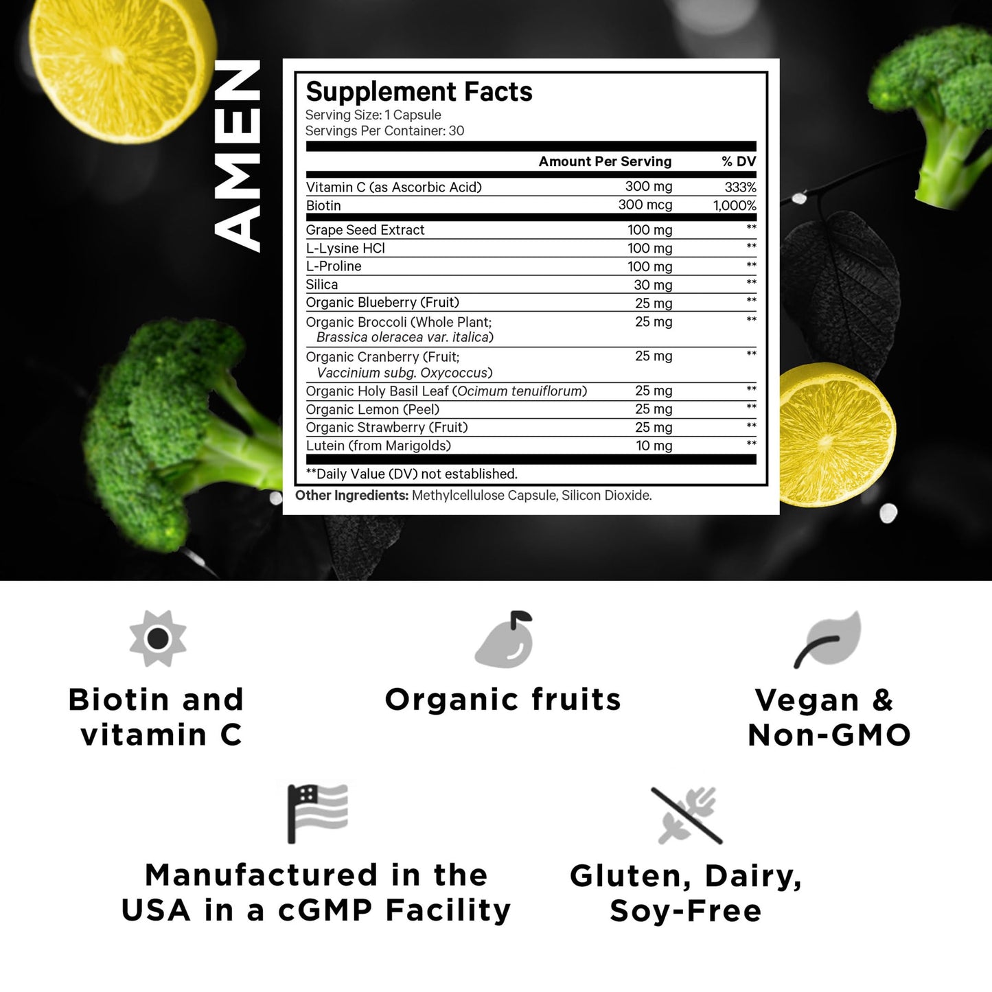 Amen Plant-Based Vegan Collagen Builder – Organic Whole Foods, Vitamin C, Biotin, Lutein | 30 Capsules