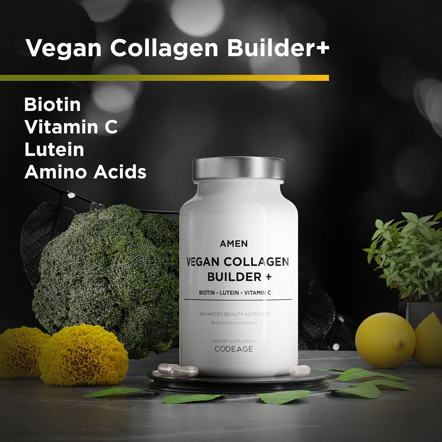 Amen Plant-Based Vegan Collagen Builder – Organic Whole Foods, Vitamin C, Biotin, Lutein | 30 Capsules