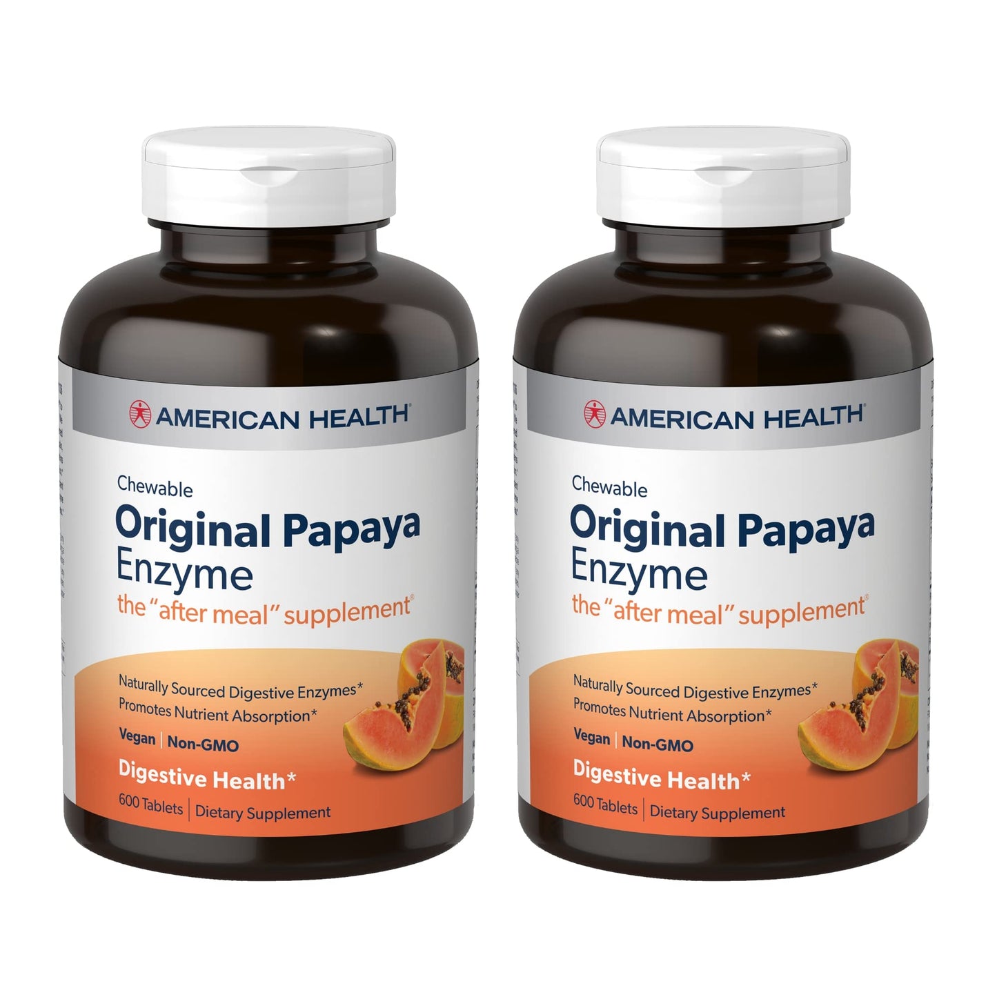 American Health Papaya Enzyme - 600 Chewables, 2-Pack | After-Meal Digestive Enzymes, Non-GMO & Vegan