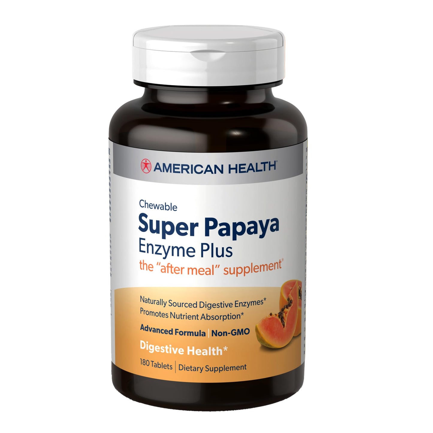 American Health Super Papaya Enzyme Plus – After-Meal Digestive Enzyme, 180 Chewables, Non-GMO, 60 Servings