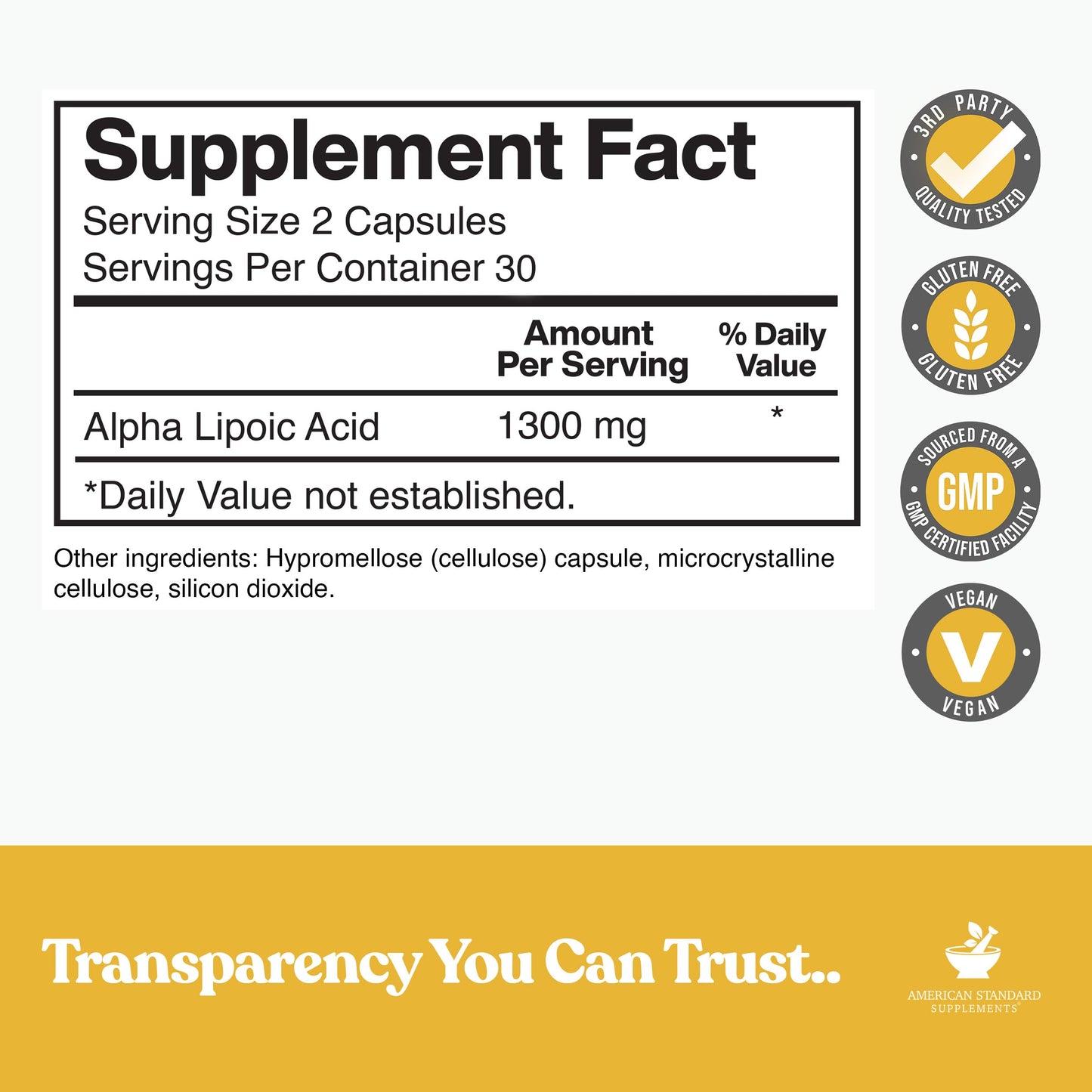American Standard Supplements Alpha Lipoic Acid 1300mg Per Serving - Vegan, Gluten Free, Non-GMO, 60 Capsules, 30 Servings (Pack of 2)
