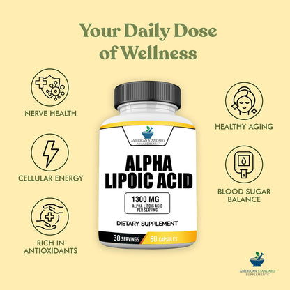 American Standard Supplements Alpha Lipoic Acid 1300mg Per Serving - Vegan, Gluten Free, Non-GMO, 60 Capsules, 30 Servings (Pack of 2)