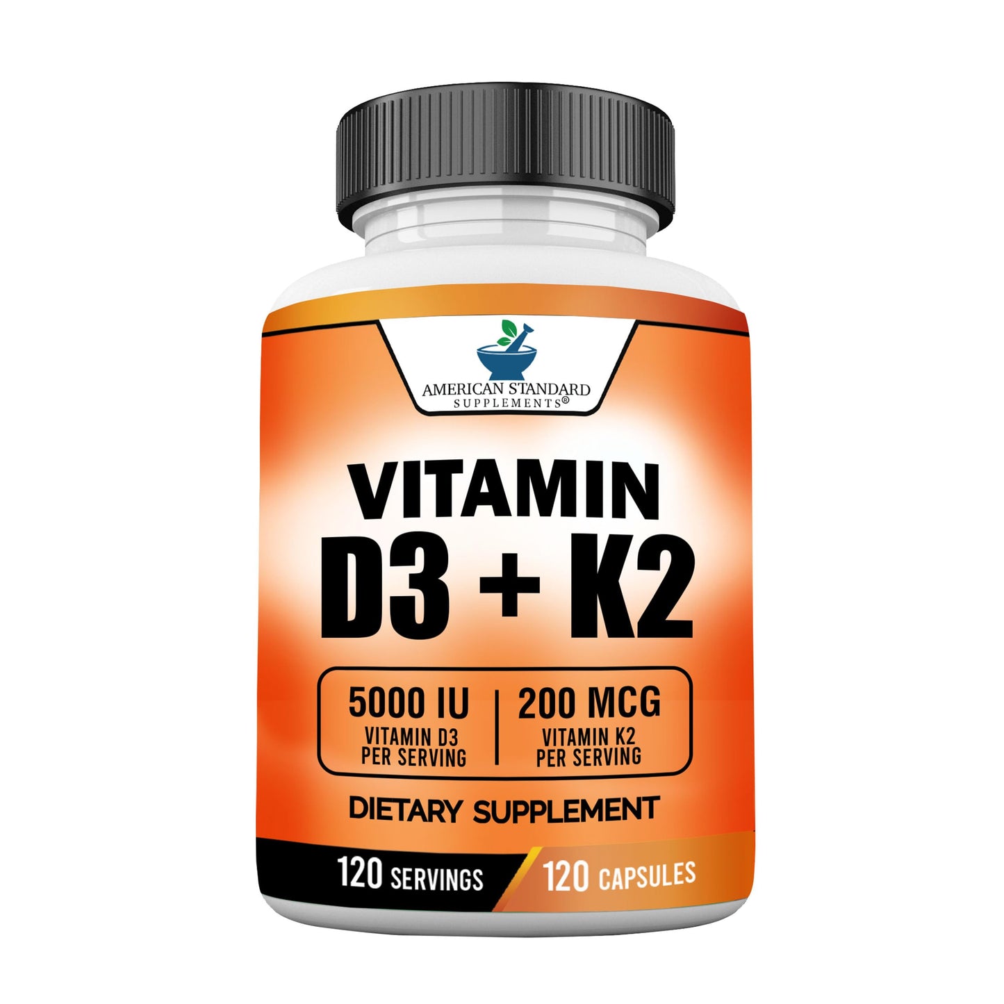 Vitamin D3 5000 IU + Vitamin K2 (MK-7) 200 mcg per Capsule | Gluten Free, Non-GMO | 120 Capsules | American Standard Supplements