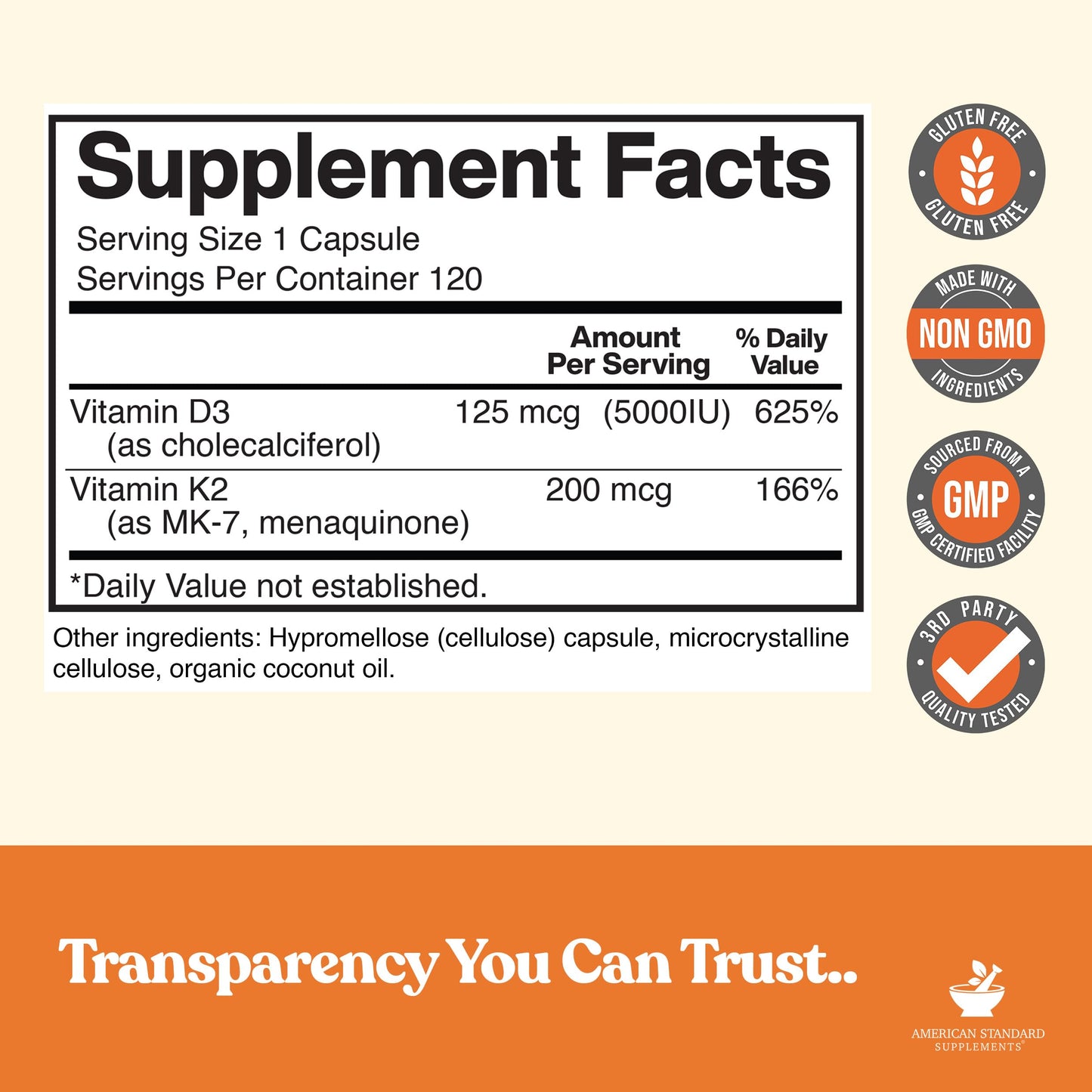 Vitamin D3 5000 IU + Vitamin K2 (MK-7) 200 mcg per Capsule | Gluten Free, Non-GMO | 120 Capsules | American Standard Supplements