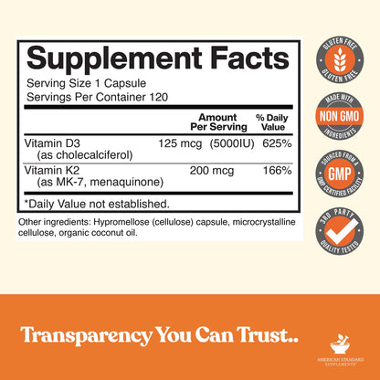 Vitamin D3 5000 IU + Vitamin K2 (MK-7) 200 mcg per Capsule | Gluten Free, Non-GMO | 120 Capsules | American Standard Supplements