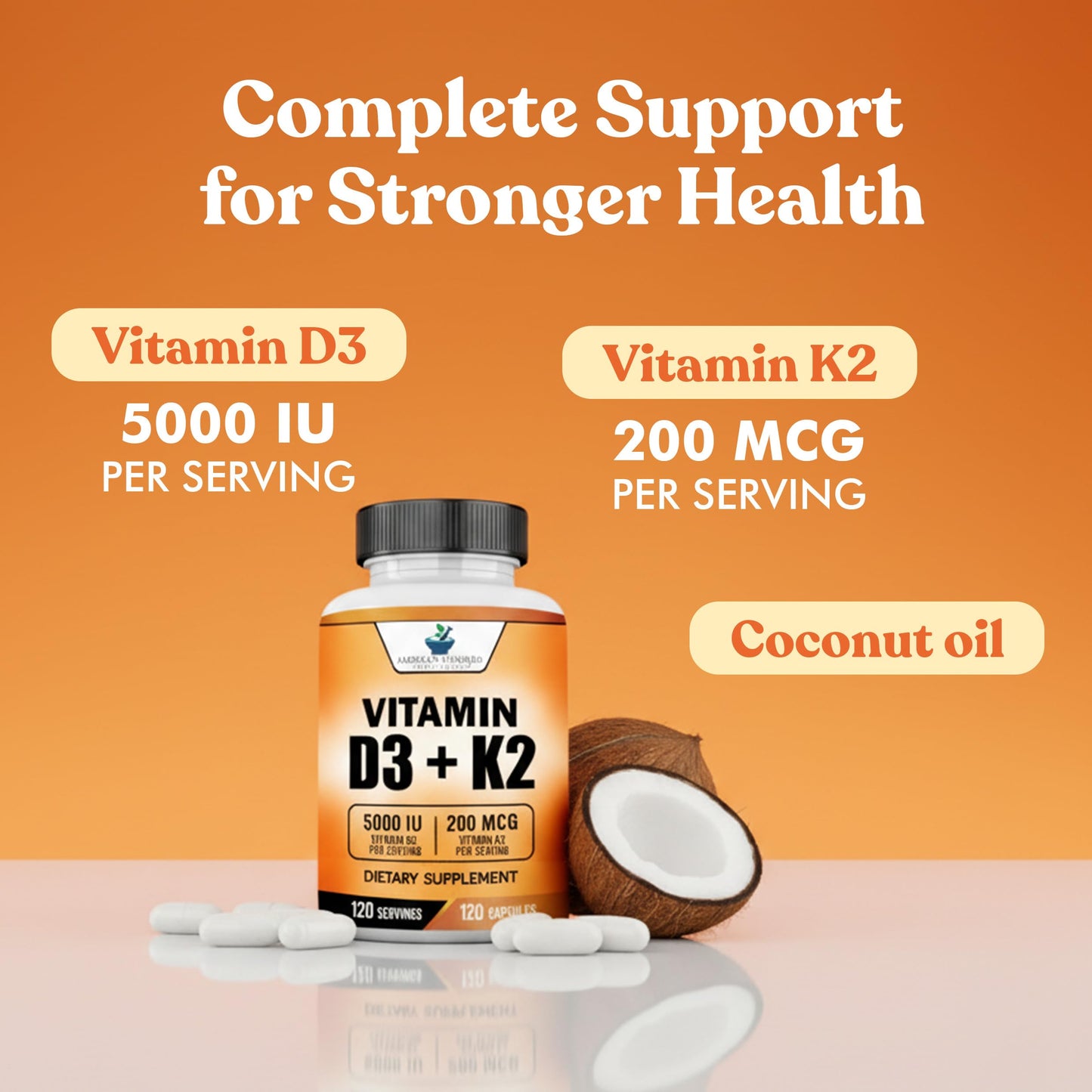 Vitamin D3 5000 IU + Vitamin K2 (MK-7) 200 mcg per Capsule | Gluten Free, Non-GMO | 120 Capsules | American Standard Supplements