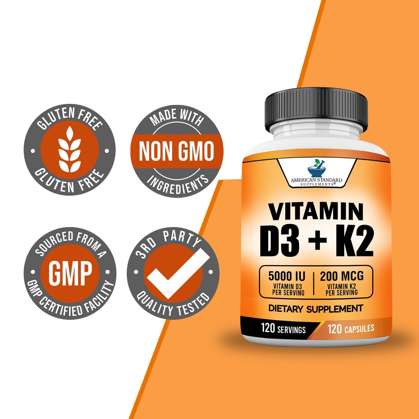 Vitamin D3 5000 IU + Vitamin K2 (MK-7) 200 mcg per Capsule | Gluten Free, Non-GMO | 120 Capsules | American Standard Supplements
