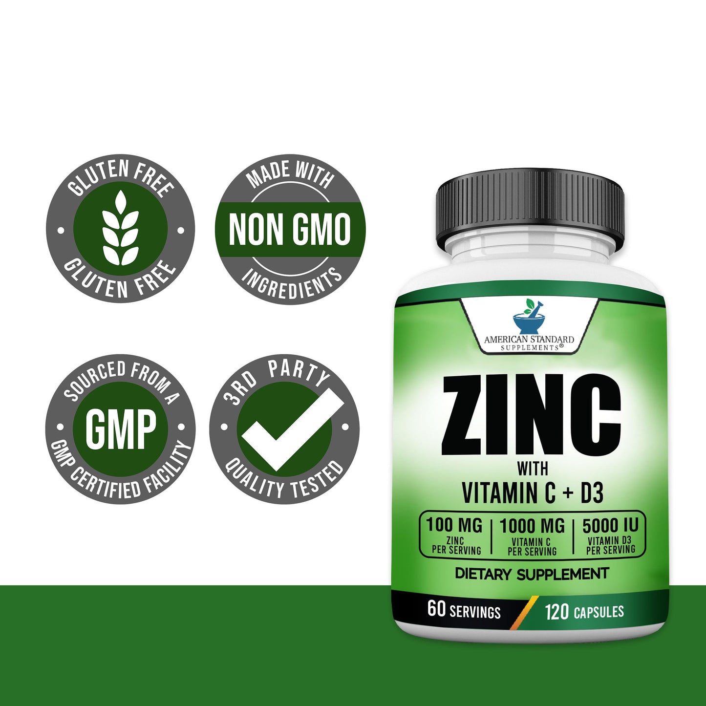 Zinc 100mg + Vitamin C 1000mg + Vitamin D3 5000 IU — 120 Gluten-Free Capsules (60 Servings) | American Standard
