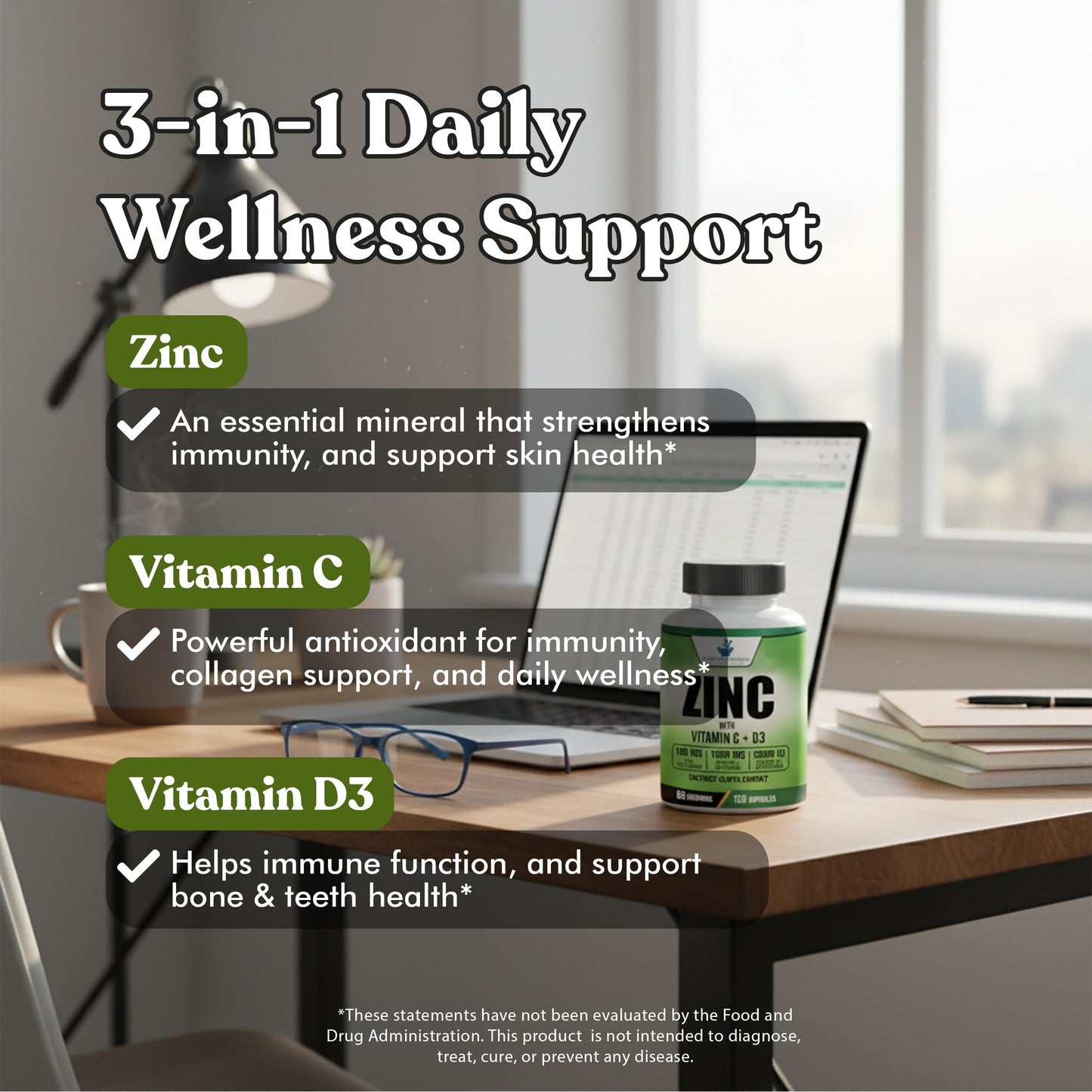 Zinc 100mg + Vitamin C 1000mg + Vitamin D3 5000 IU — 120 Gluten-Free Capsules (60 Servings) | American Standard