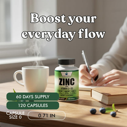 Zinc 100mg + Vitamin C 1000mg + Vitamin D3 5000 IU — 120 Gluten-Free Capsules (60 Servings) | American Standard