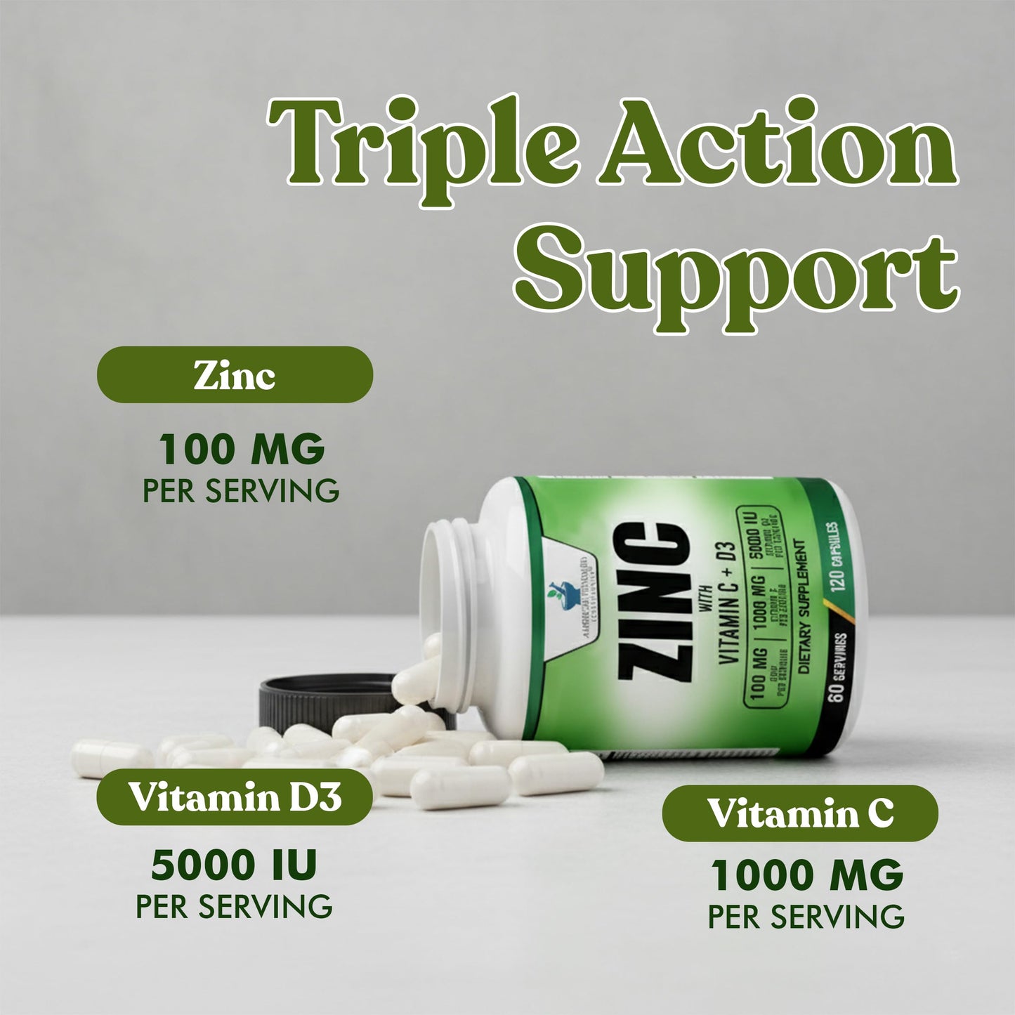 Zinc 100mg + Vitamin C 1000mg + Vitamin D3 5000 IU — 120 Gluten-Free Capsules (60 Servings) | American Standard