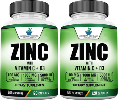 American Standard Zinc 100mg, Vitamin C 1000mg & Vitamin D3 5000 IU – 120 Capsules (Pack of 2)