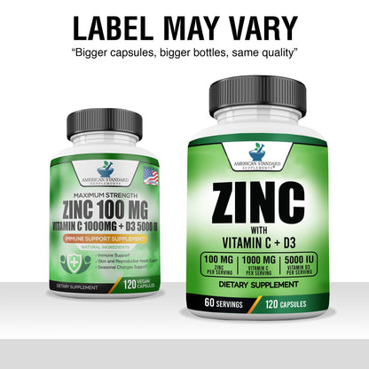 American Standard Zinc 100mg, Vitamin C 1000mg & Vitamin D3 5000 IU – 120 Capsules (Pack of 2)